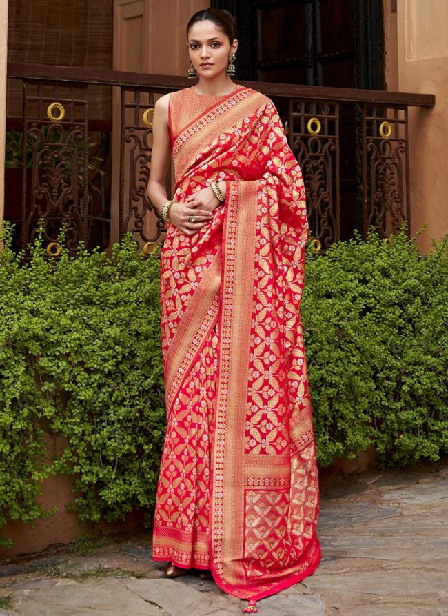 Banarasi Silk Red Festival Wear Jaal Work Saree